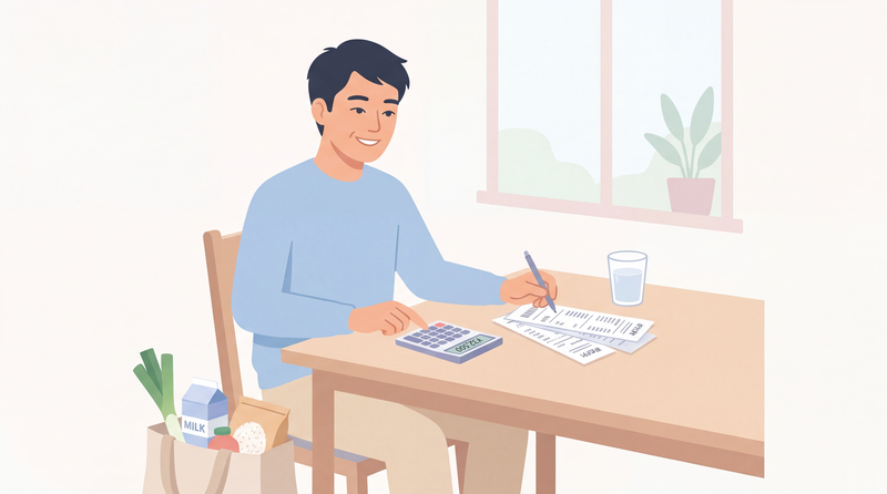 家計簿をつける男性のイラスト