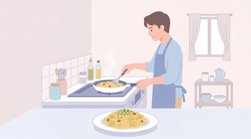 ペペロンチーノを調理する男性のイラスト