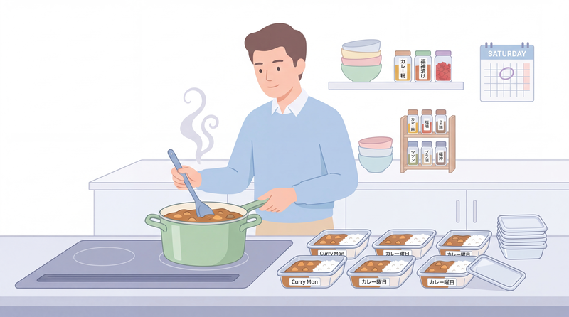 カレーを作り置きする男性のイラスト