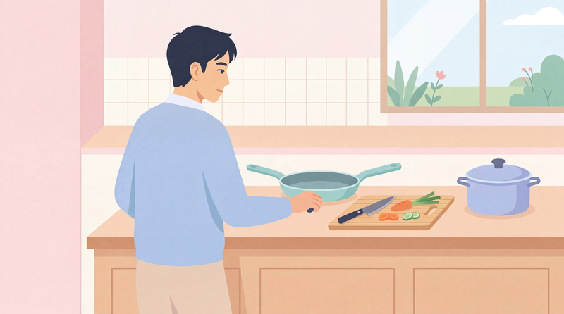 野菜を切って調理準備をする男性のイラスト