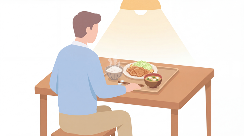 一人で夕食を食べる男性のイラスト
