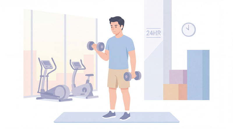 ジムでダンベルトレーニングする男性のイラスト