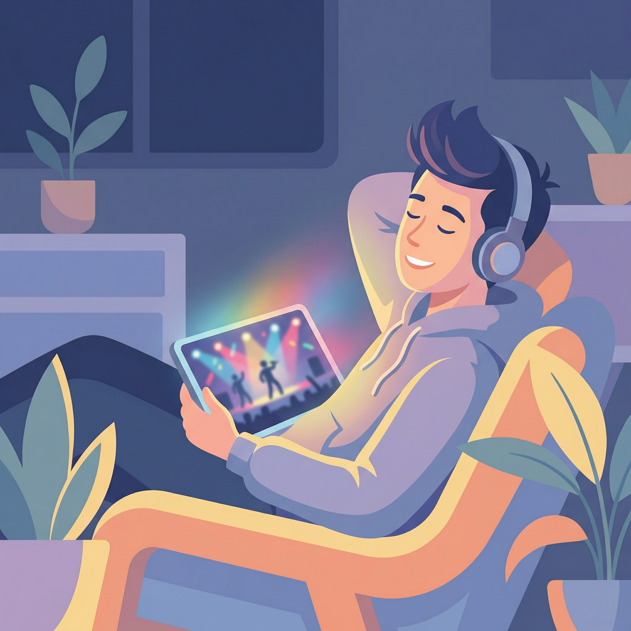 音楽ライブ配信を楽しむ男性のイラスト