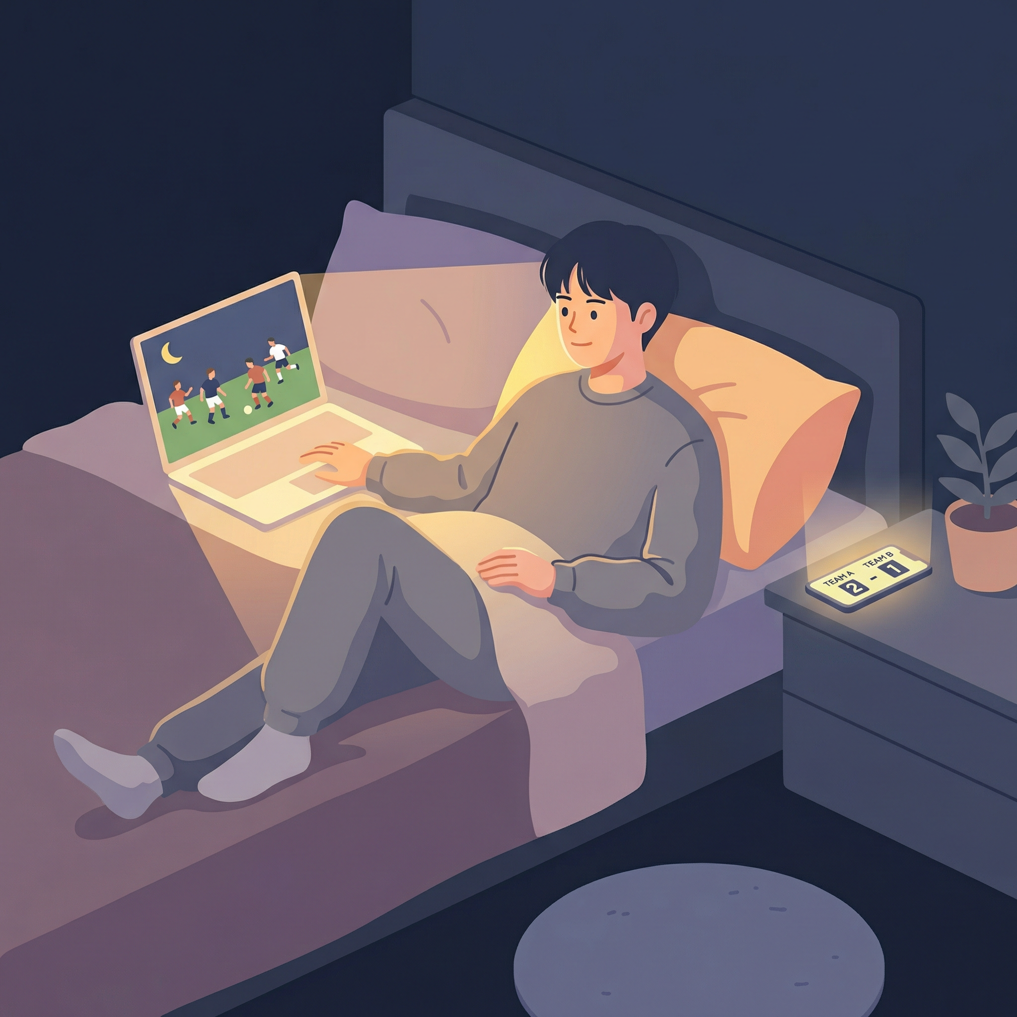 深夜にサッカー観戦する男性のイラスト