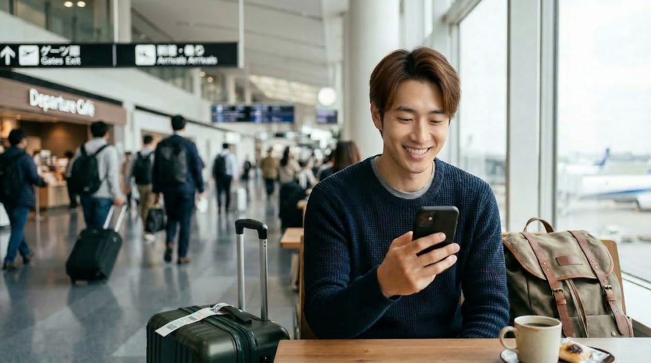 旅行先でスマートフォンを使う男性