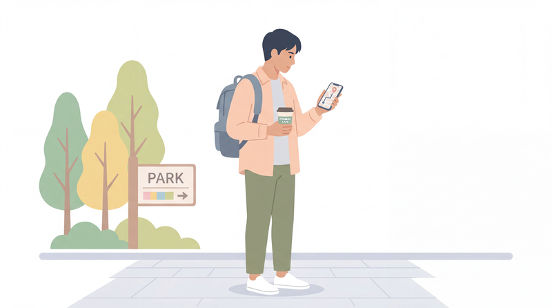 公園でスマホをチェックする男性のイラスト