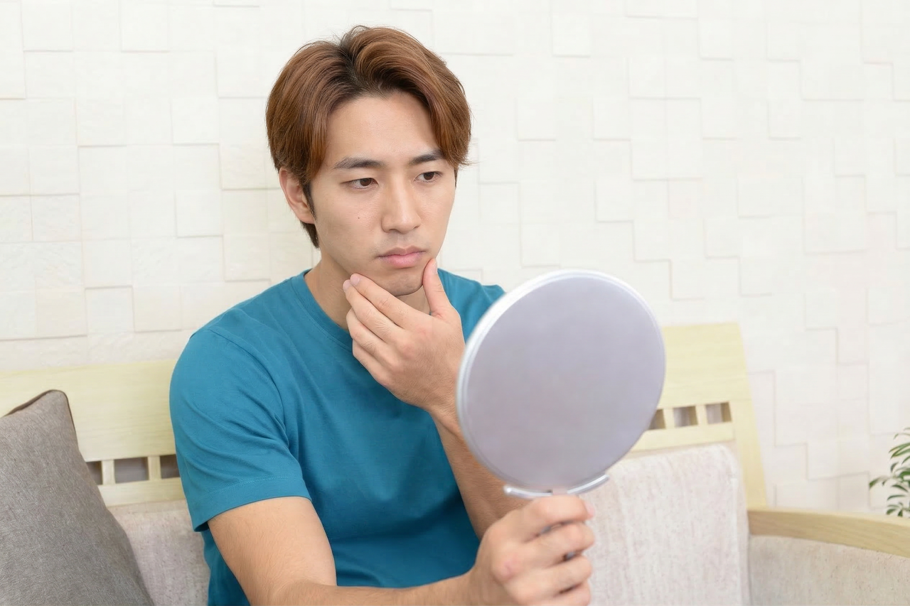 鏡で肌の状態を確認する男性