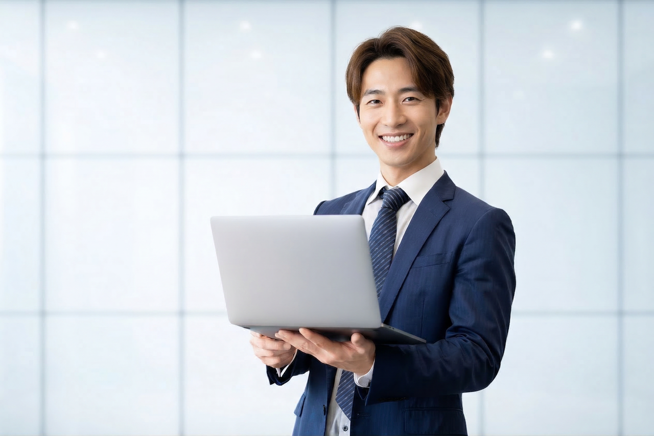 ノートPCを持つ男性