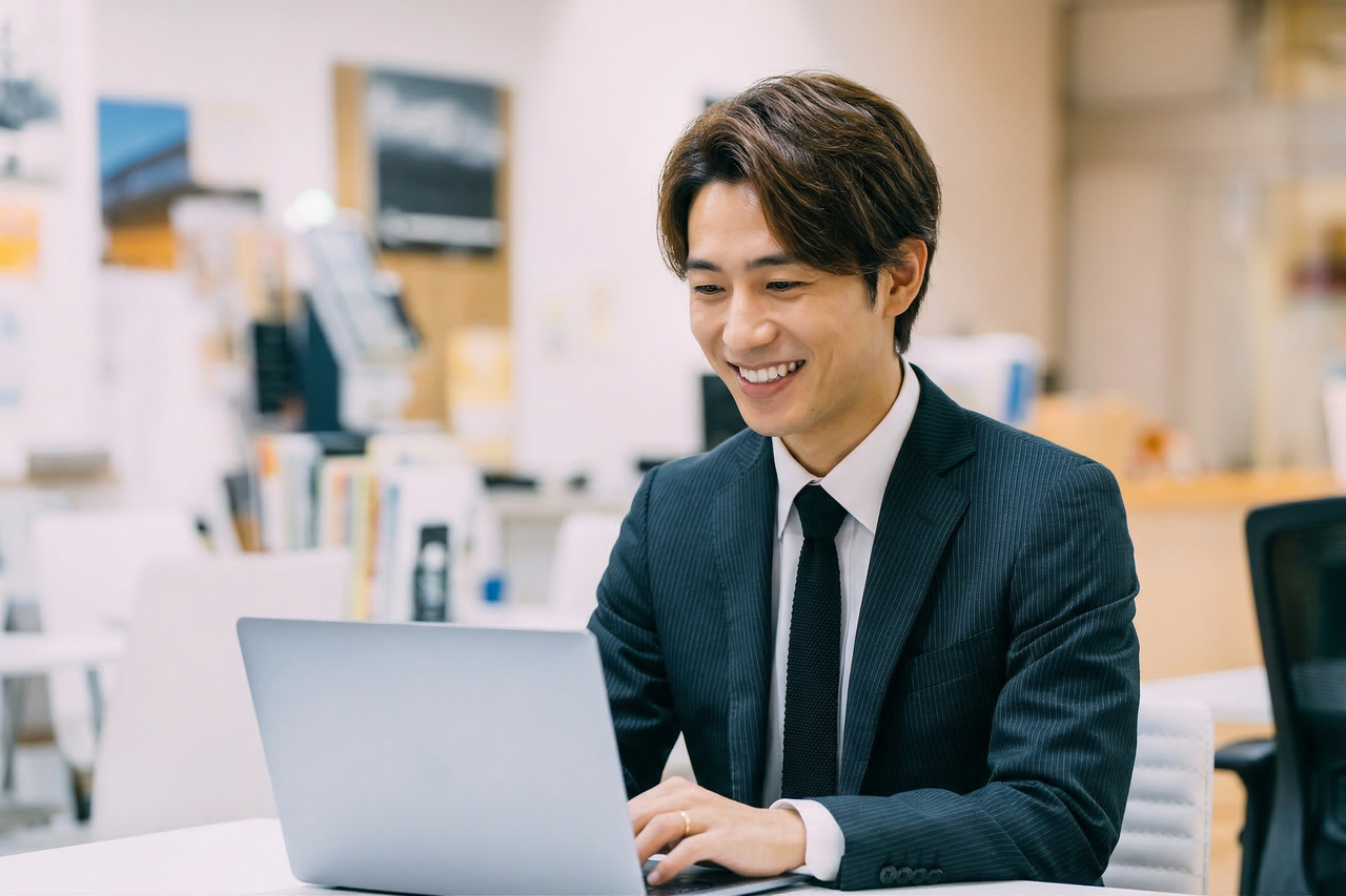 コワーキングスペースでノートPCを操作する男性