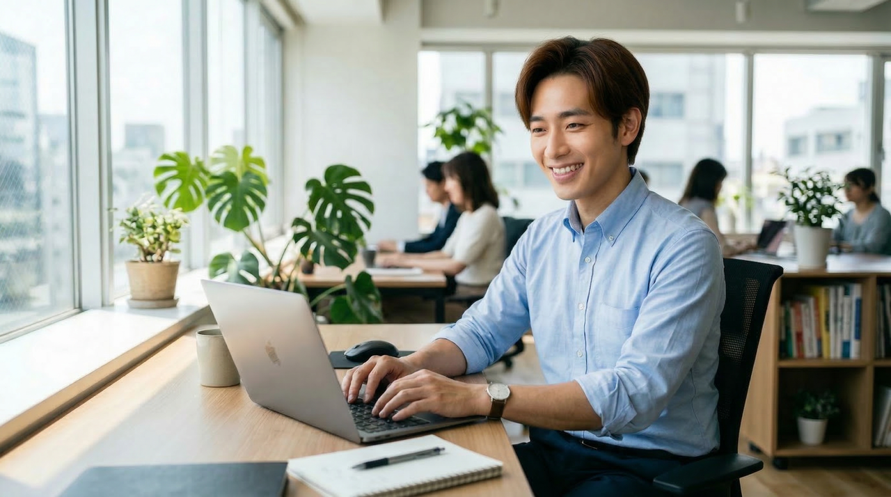 カフェでパソコン作業する笑顔の男性