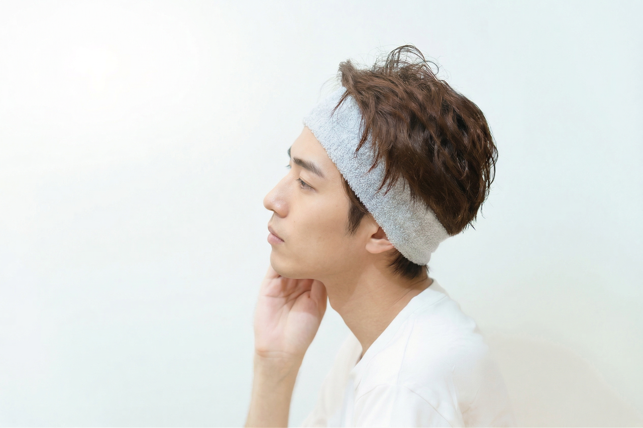 スキンケア中に考える男性