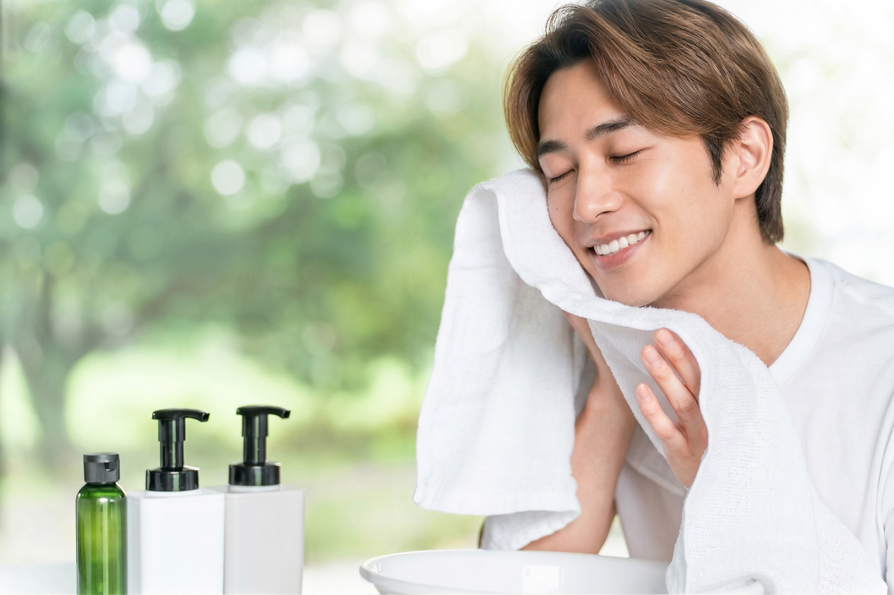 スキンケア後にリラックスする男性