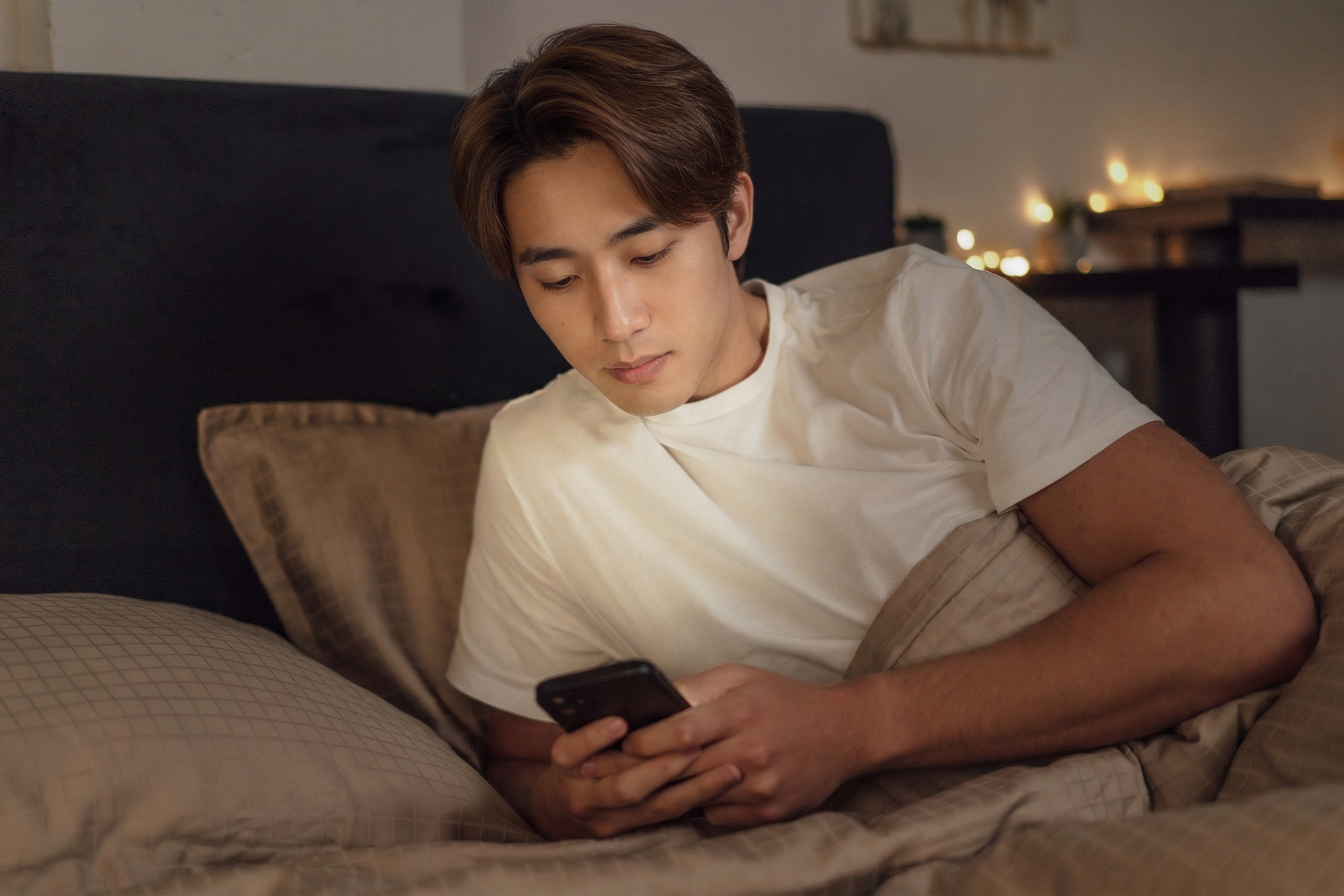 夜ベッドでスマホを見る男性
