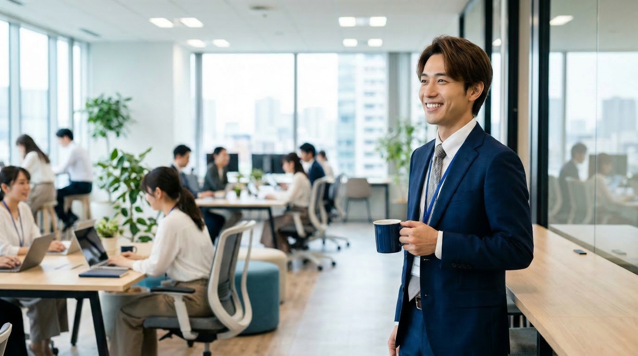 オフィスでコーヒーを持つスーツ姿の男性