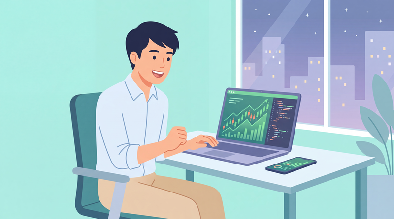 夜間にチャートとコードを見ながら米国株トレードの準備をする男性