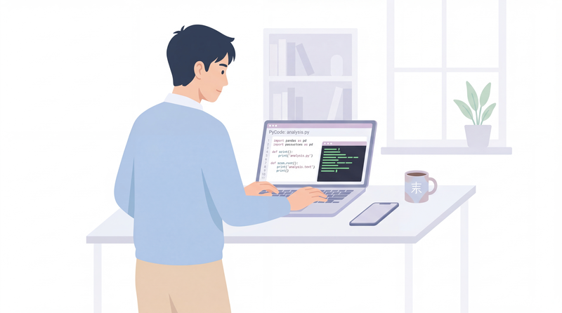 Pythonで株価データを取得するコードを書く男性