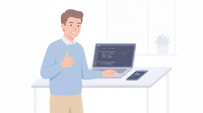 ノートPCの前でサムズアップする男性