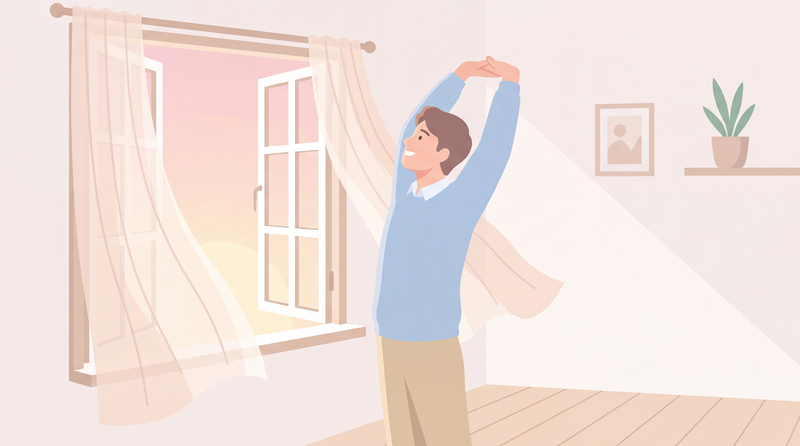 朝日を浴びてストレッチする男性