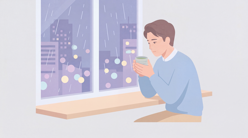 雨の夜に窓辺でくつろぐ男性のイラスト