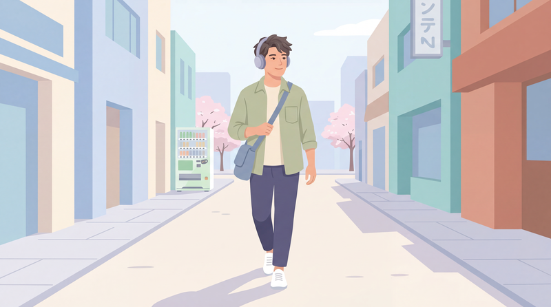 春の街を散歩する男性のイラスト
